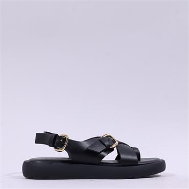 Wonders Horizon Toepost Cross Sandal - Black Gold Leather